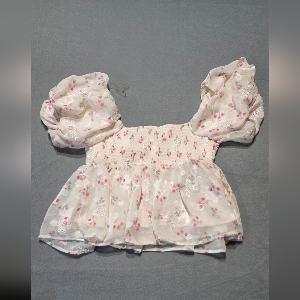 Floral Smocked Peasant Top - Cream with Pink Flowers